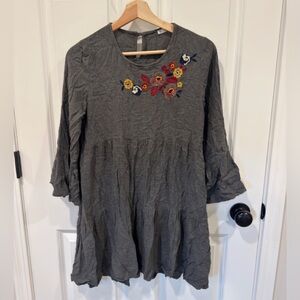 Pull & Bear Flower Embroidered Grey Dress